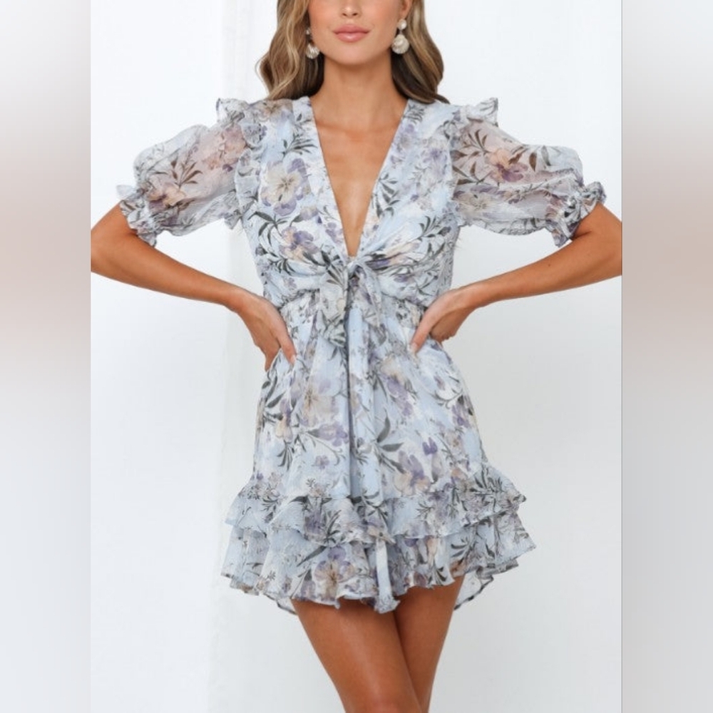 Saints Secrets Chic Floral Puff Sleeve Mini Dress XS